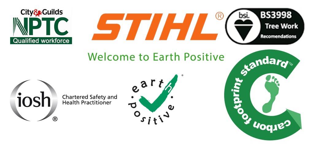 Hocus Crocus accreditation badges: City and Guilds NPTC, STIHL, BS 3998 Tree Work, IOSH, Earth Positive and the Carbon Footprint Standard