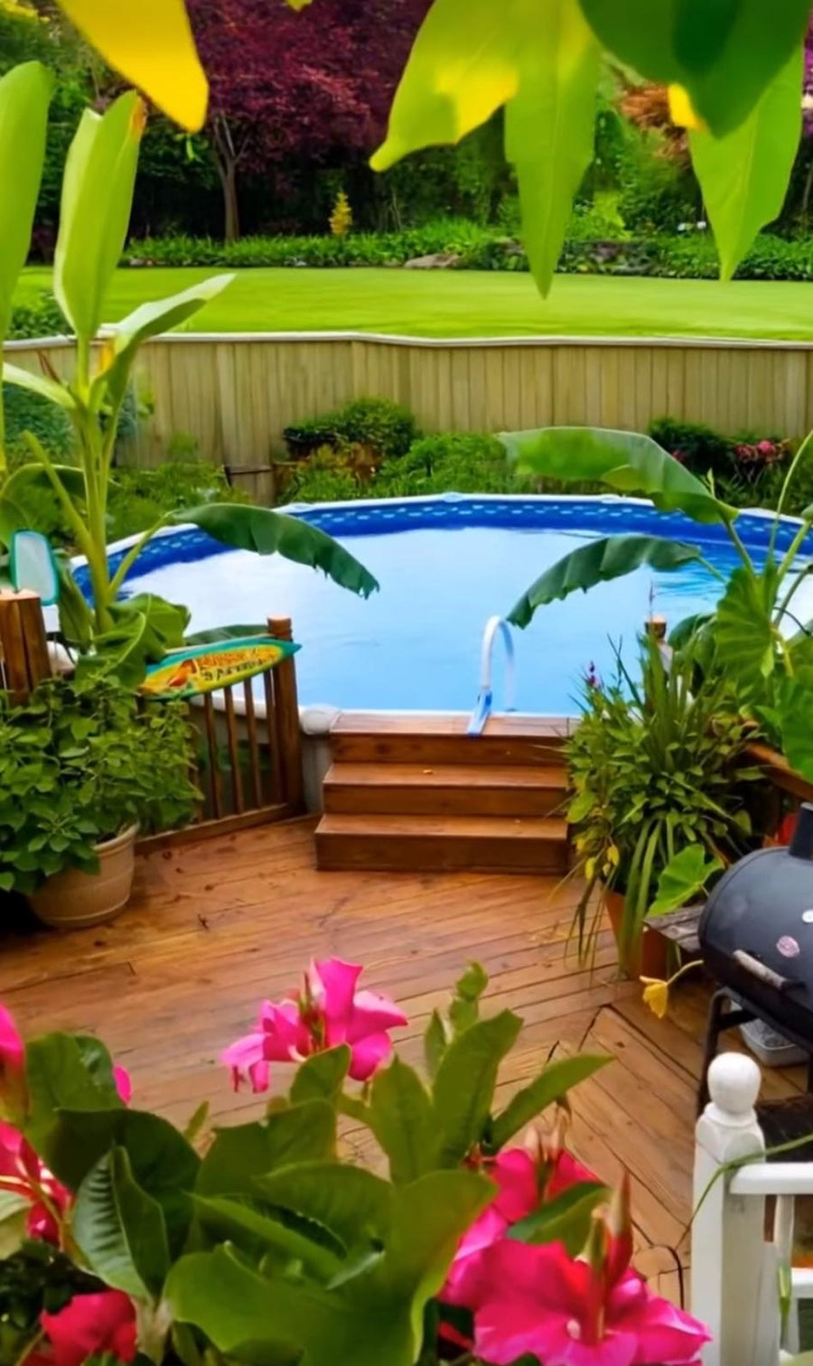 Exotic planting and timber decking wrapped around a garden pool