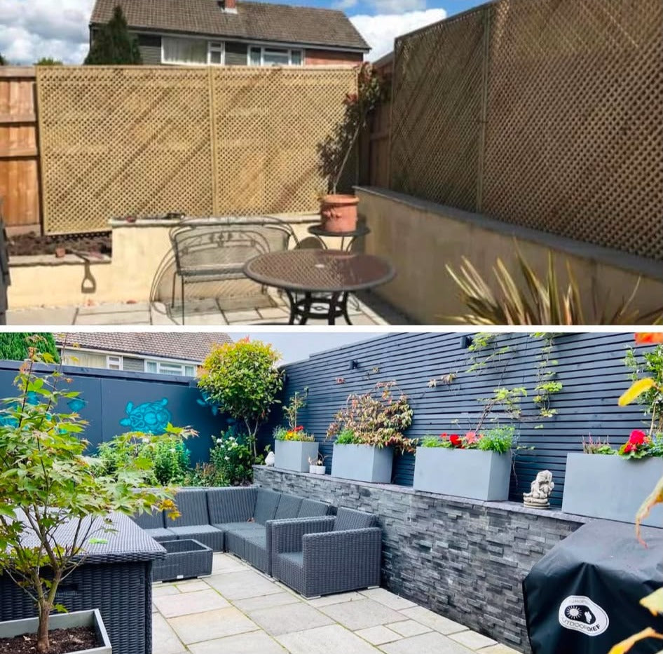 A small back garden before and after: a bare yard with a trellis fence, then a slatted screen, raised planters, new paving and seating