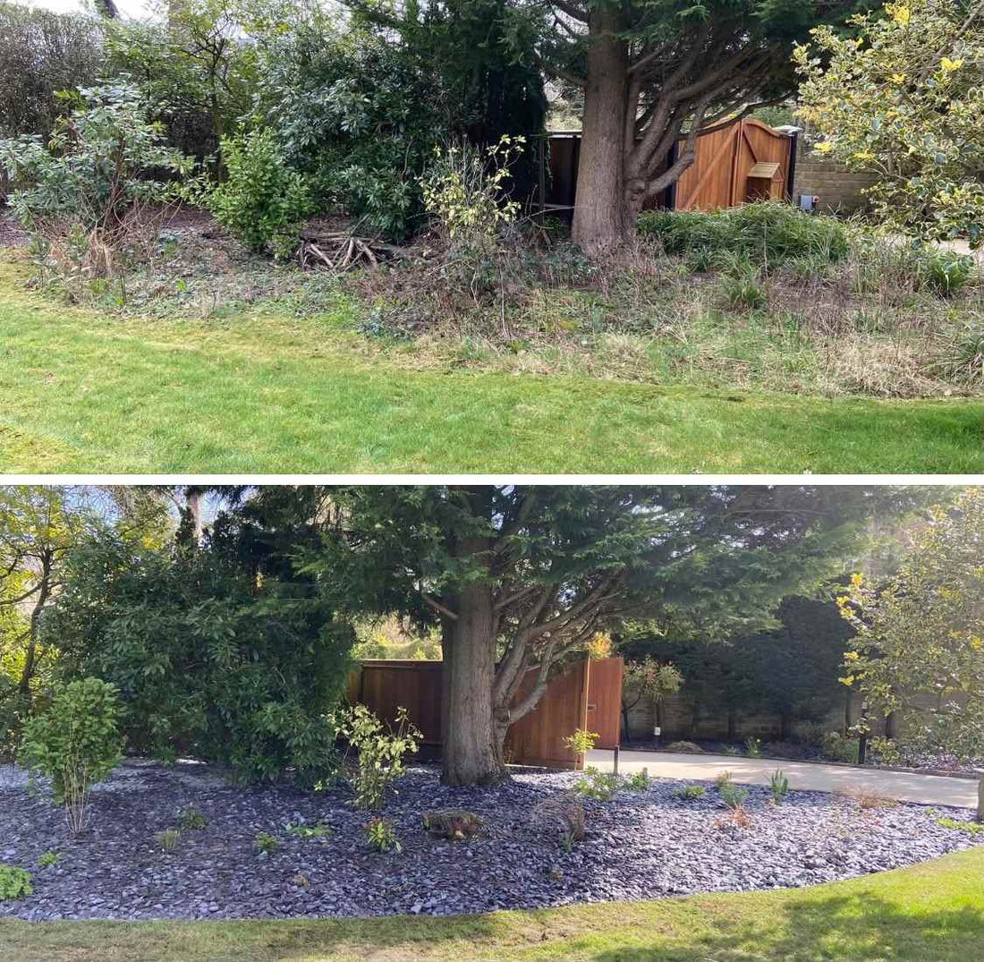 A tired bed cleared, replanted and finished with slate mulch, before and after