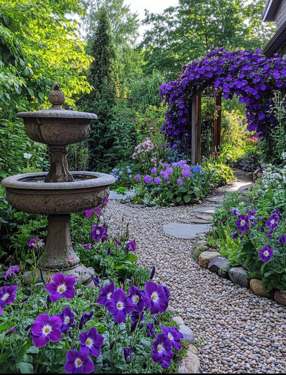 A newly planted garden border edged in dry stone beside a Yorkshire stone barn