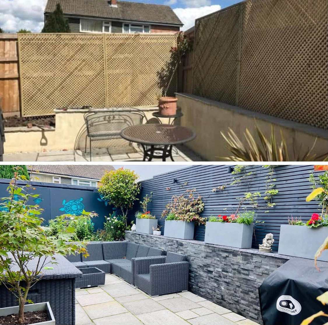 A tired patio and trellis fencing rebuilt as a modern courtyard with slate walling and planted troughs, before and after