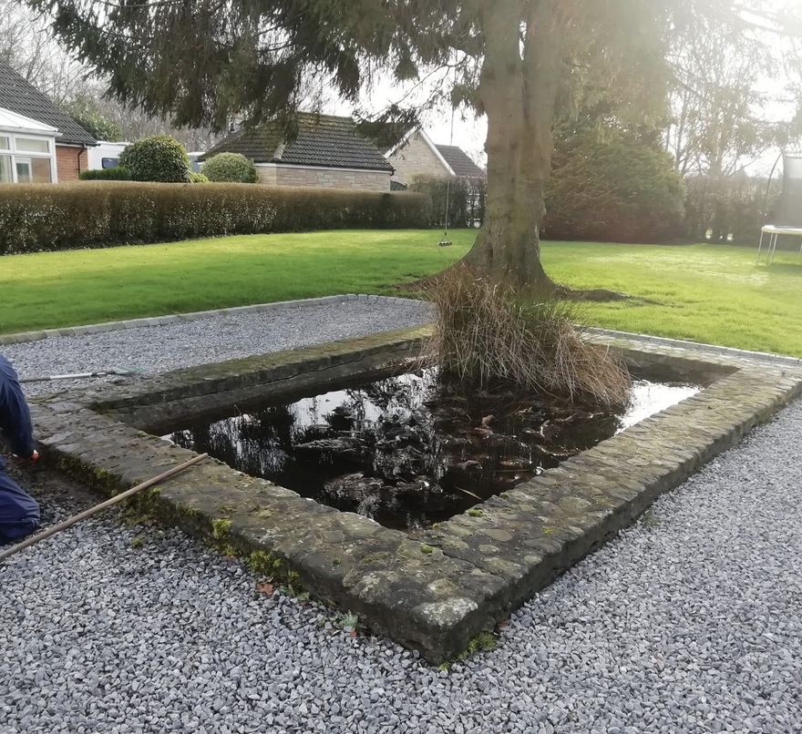 A formal stone edged garden pond before clearing, the water dark with leaf debris and the cobbled surround green with moss