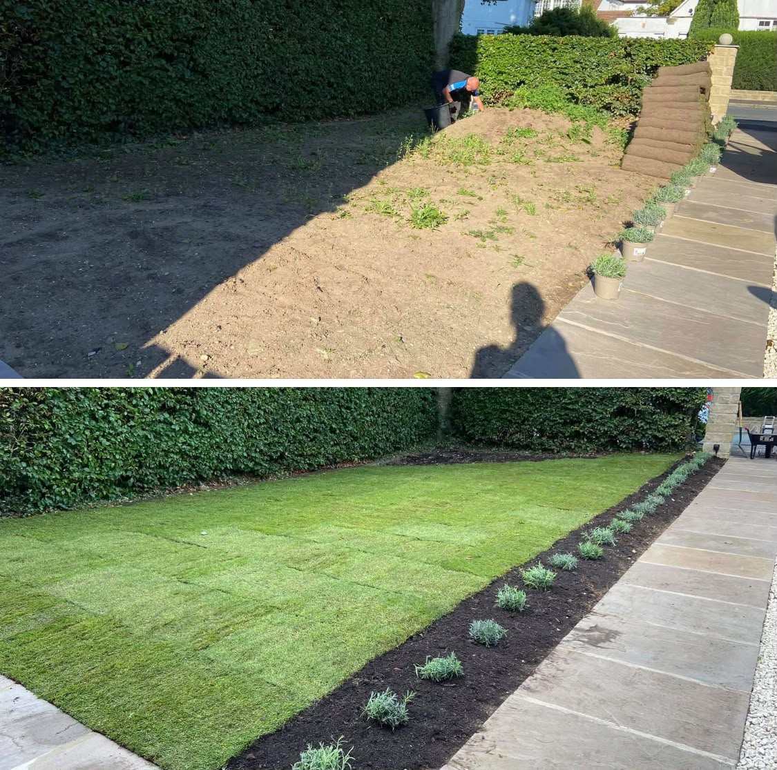 A new lawn laid from bare soil, before and after turfing